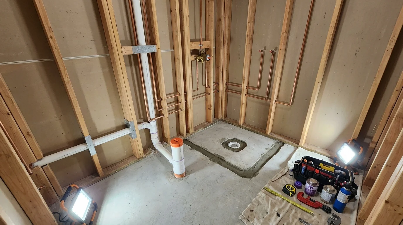 Bathroom rough-in plumbing during remodel by Johns Plumbing LLC in Dolton