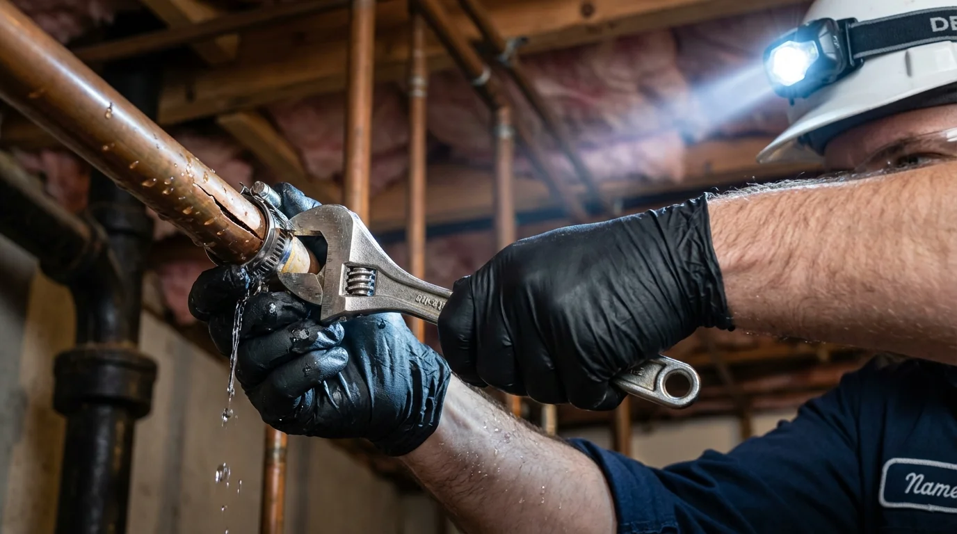 Emergency pipe clamp repair being performed by a Johns Plumbing LLC plumber in Dolton