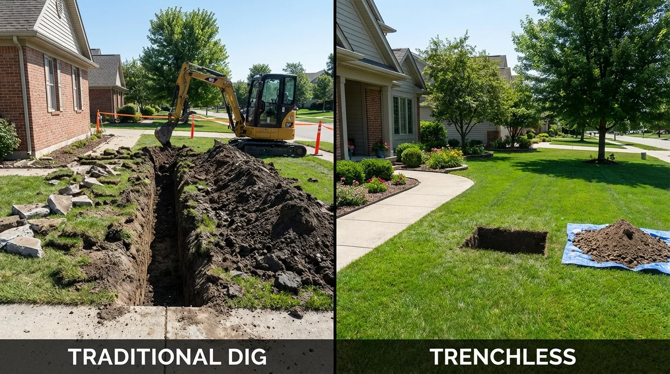 Trenchless sewer repair with minimal yard damage versus traditional excavation in Dolton, IL