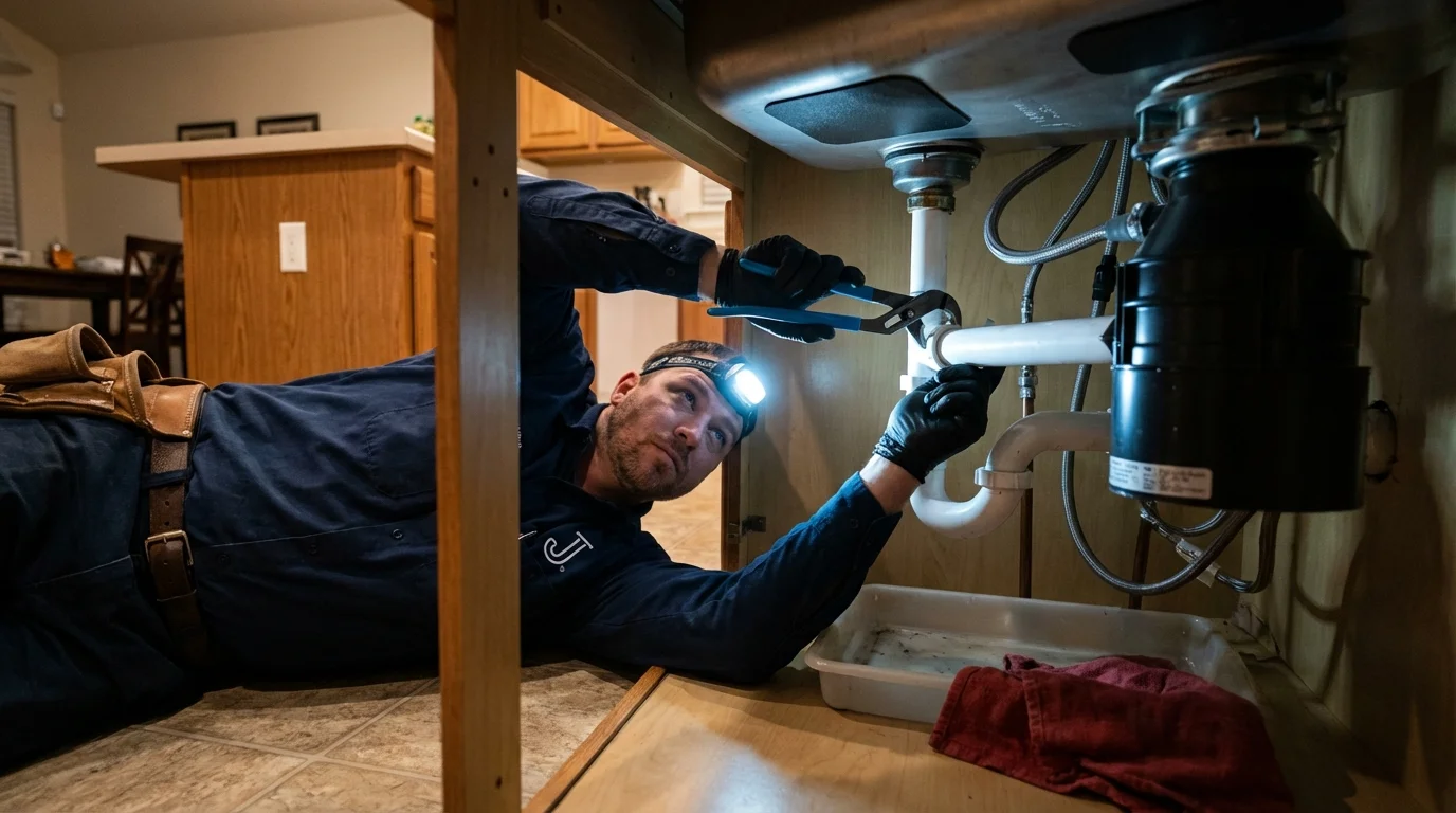 P-trap and supply line connections under a kitchen sink showing a common leak point in Dolton, IL